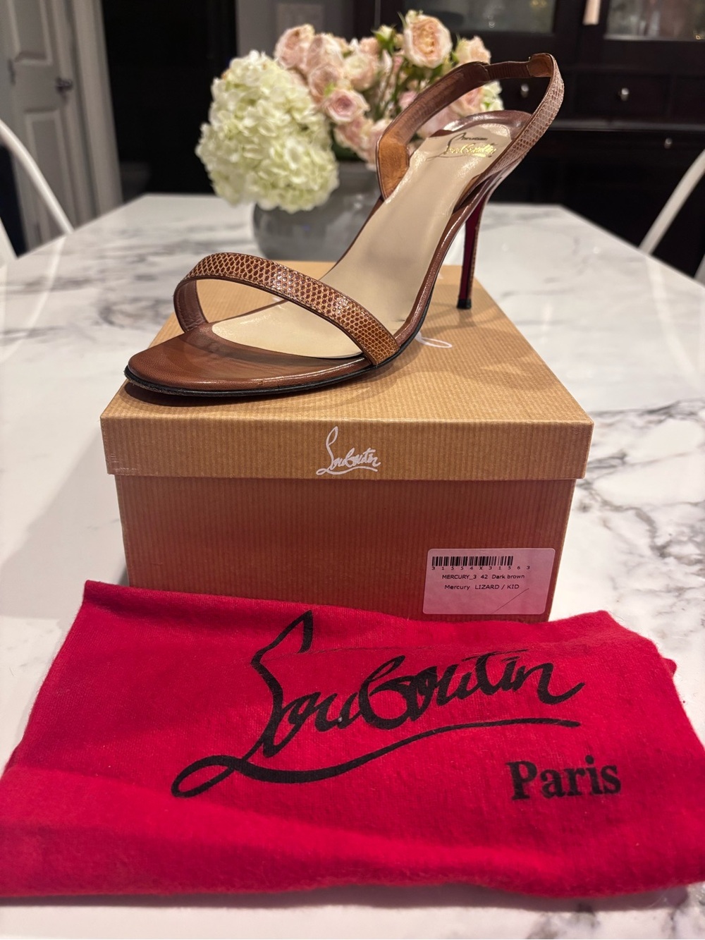 Christian Louboutin Brown Textured Strap Leather Slingback Heels - Picture 6 of 6
